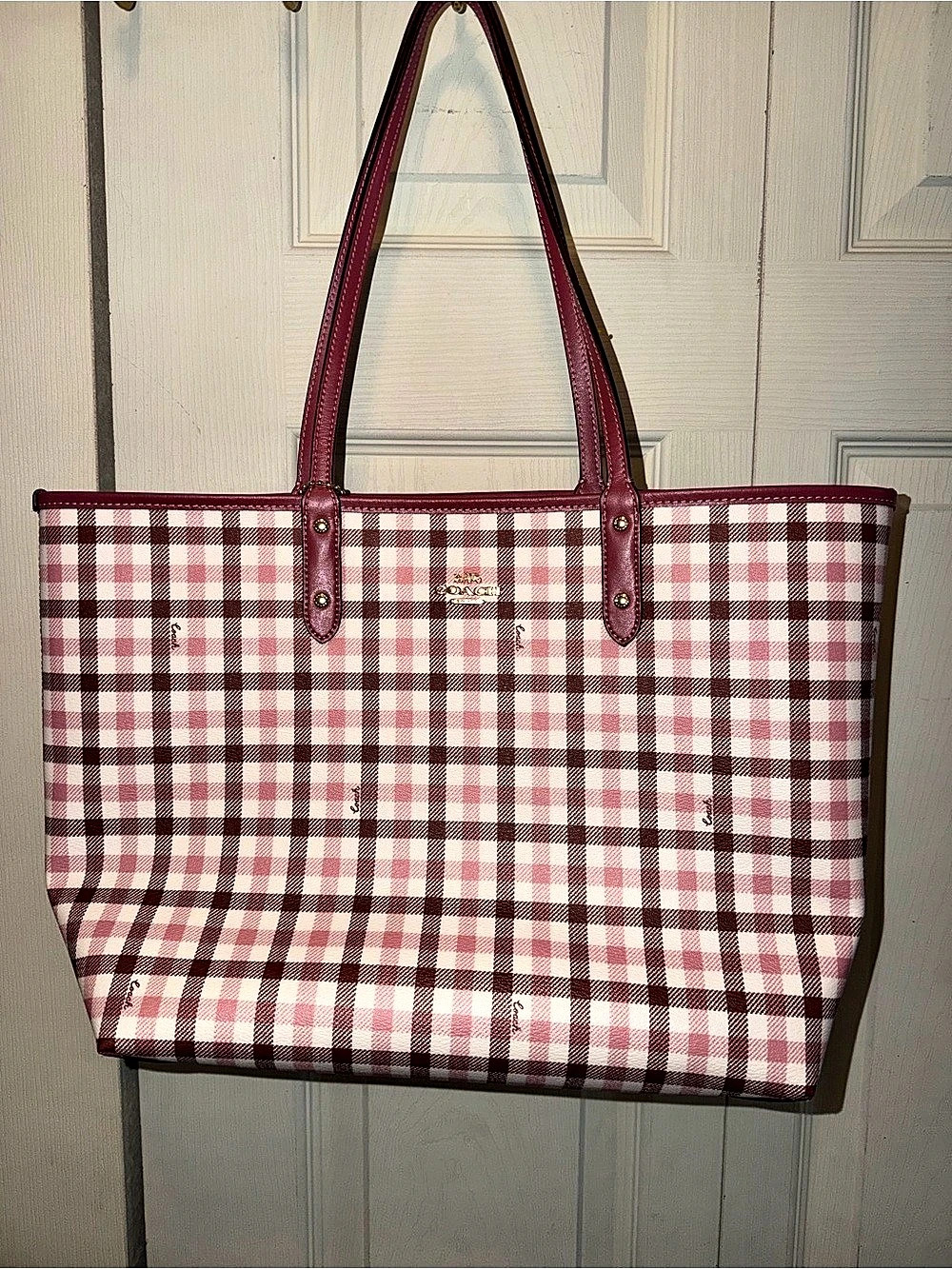 Coach Reversible City Tote In Gingham Print Pink & Burgundy